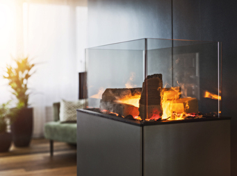 Das Elektrofeuer eSENSE Living ist ein steckerfertiges Möbel aus Stahl.