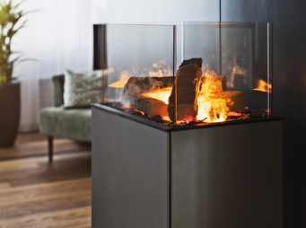 eSENSE Living ist ein Möbel aus Stahl mit integriertem Elektrofeuer.
