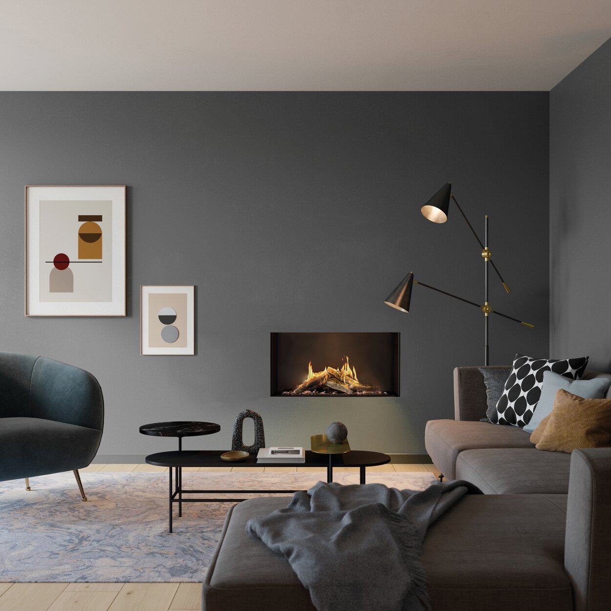 VISIO 90 F gas fireplace as a front fireplace in a sage green wall surrounded by matching furniture in a minimalist, stylishly furnished living room