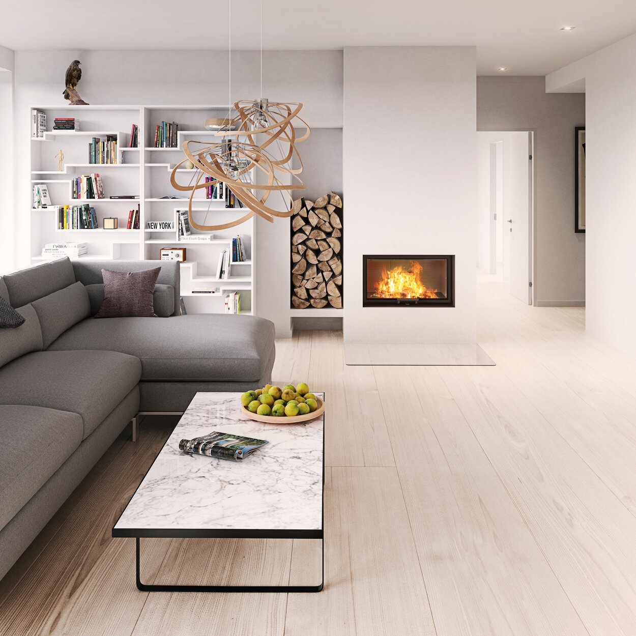 Holz-Kamineinsatz VISIO 1, das Frontmodell im modernen Wohnzimmer
