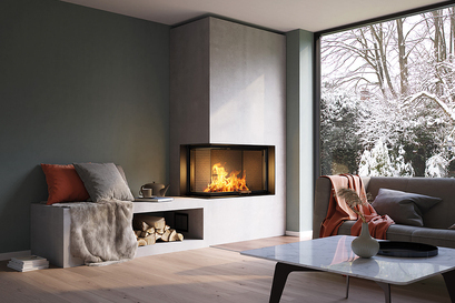 Wood fireplace insert VISIO 2 L with a cosy side bench in the living room in the winter atmosphere