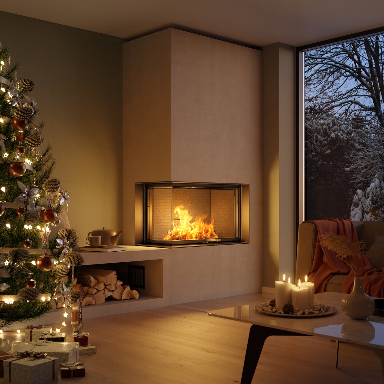 Holz-Kamineinsatz VISIO 2 L rechts mit einer gemütlichen Seitenbank im Wohnzimmer bei Weihnachtsstimmung