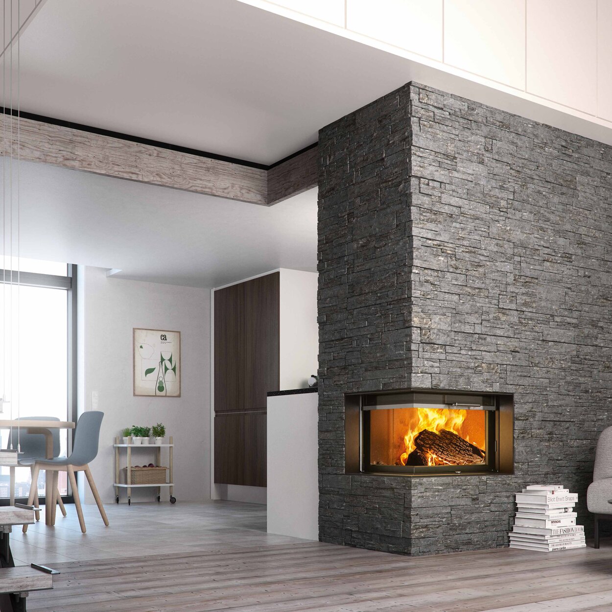 Holz-Kamin VISIO 2 rechts, der Eckkamin trennt Küche und Wohnzimmer und ist in einer rustikalen Steinmauer eingebaut