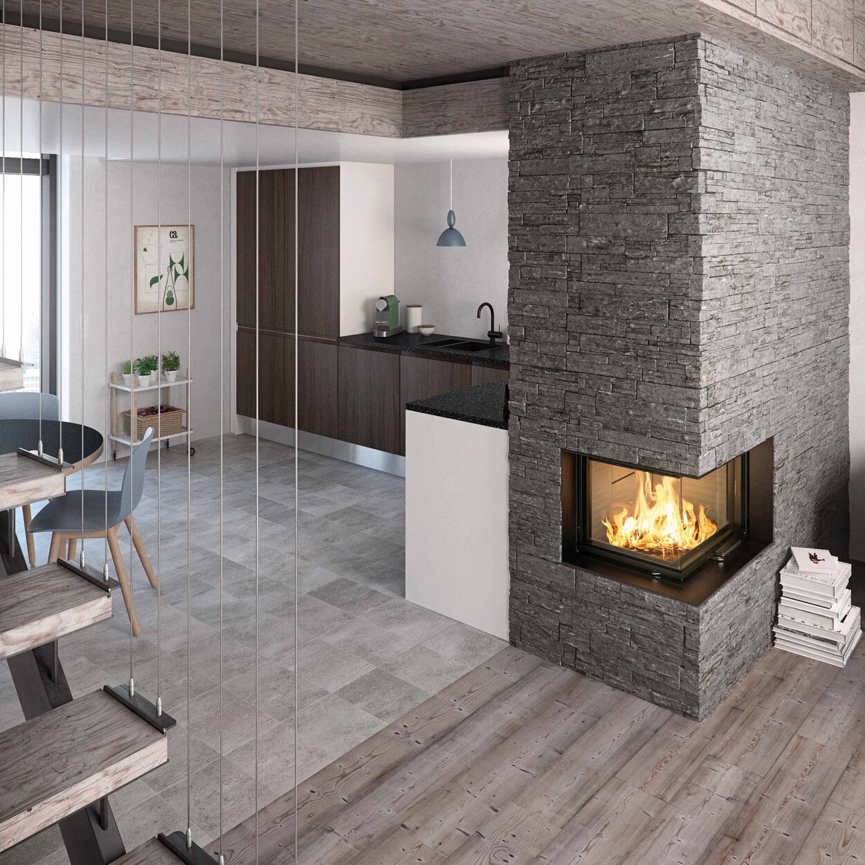 Wood fireplace VISIO 2 right, the corner fireplace separates the kitchen and living room and a modern staircase leads to the upper floor