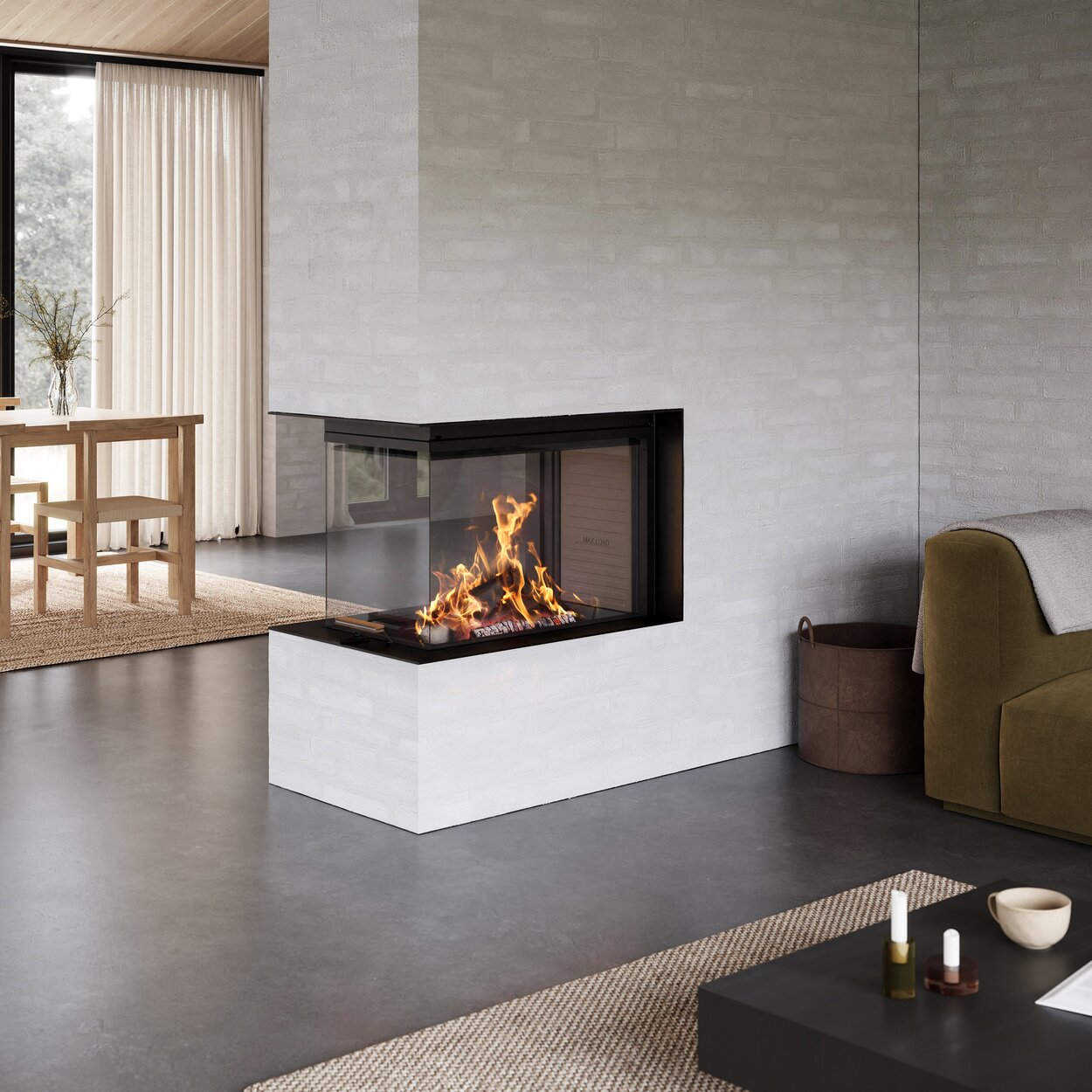 Wood fireplace VISIO 3:1 UNIQ as a room divider between the dining room and living room