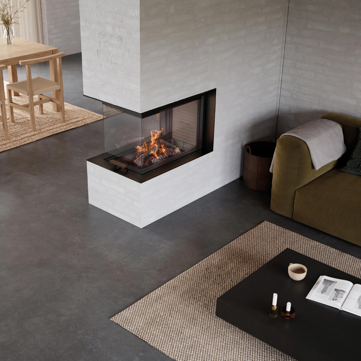 Wood fireplace VISIO 3:1 UNIQ with invisible frame between dining and living room