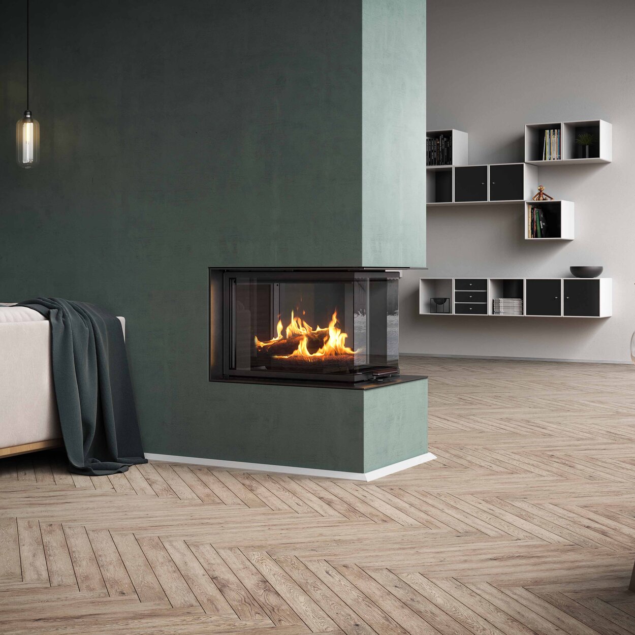 Wood fireplace VISIO 3:1 are integrated into a green wall as a room divider that structures the living space