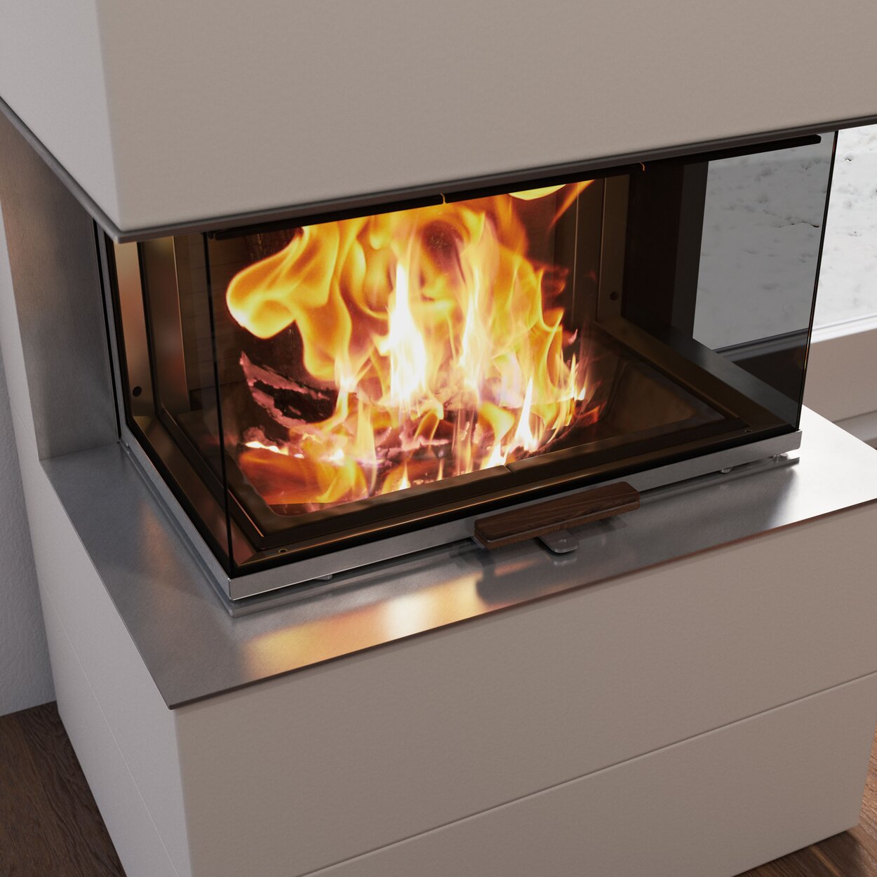 Wood fireplace VISIO 3 ELEMENT with stainless steel window & support frame and high flame in the firebox