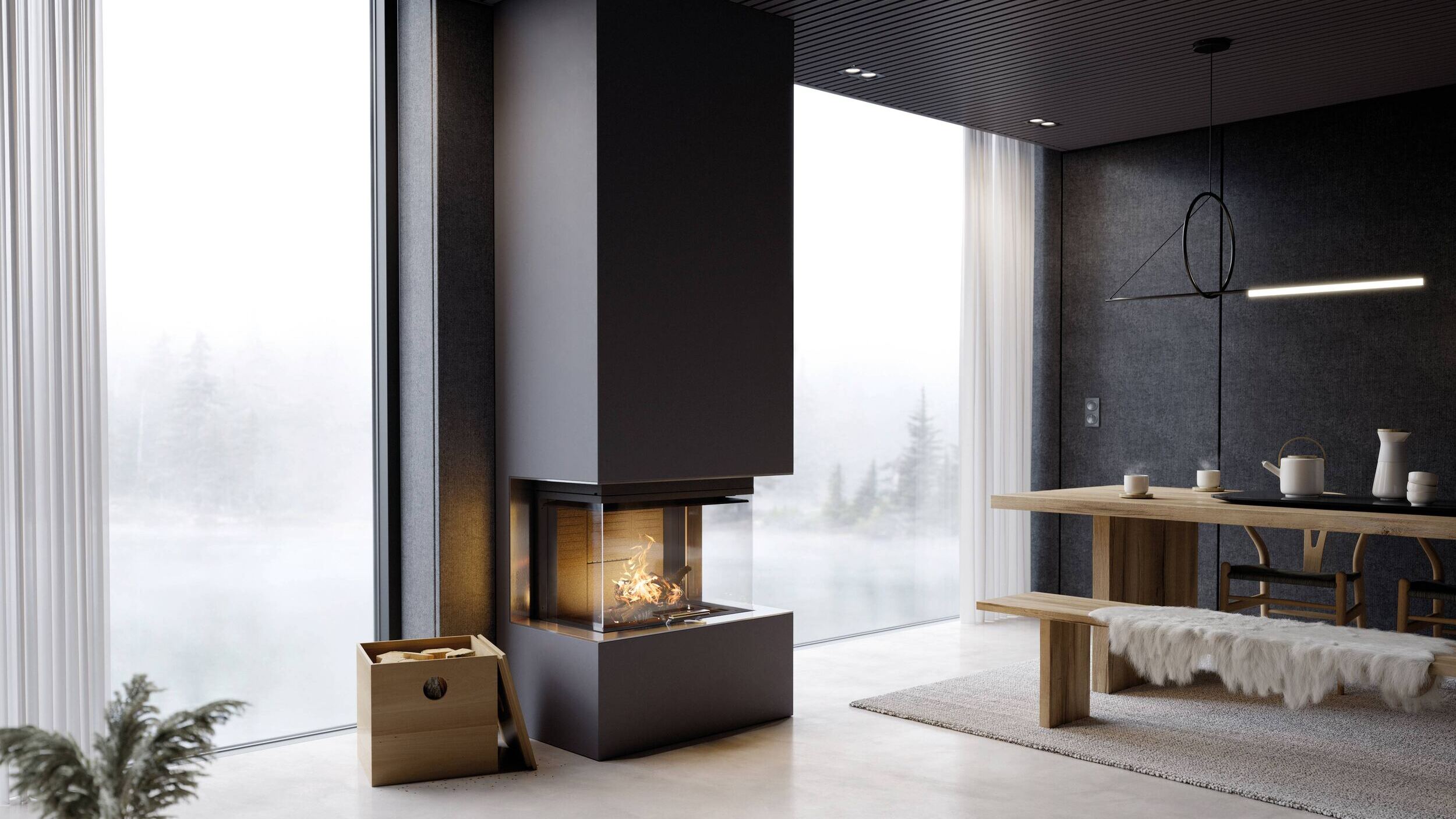 La cheminée à bois VISIO 3 UNIQ montre directement les flammes grâce à sa vitre tri-face avec cadre invisible et se trouve dans un salon moderne gris foncé