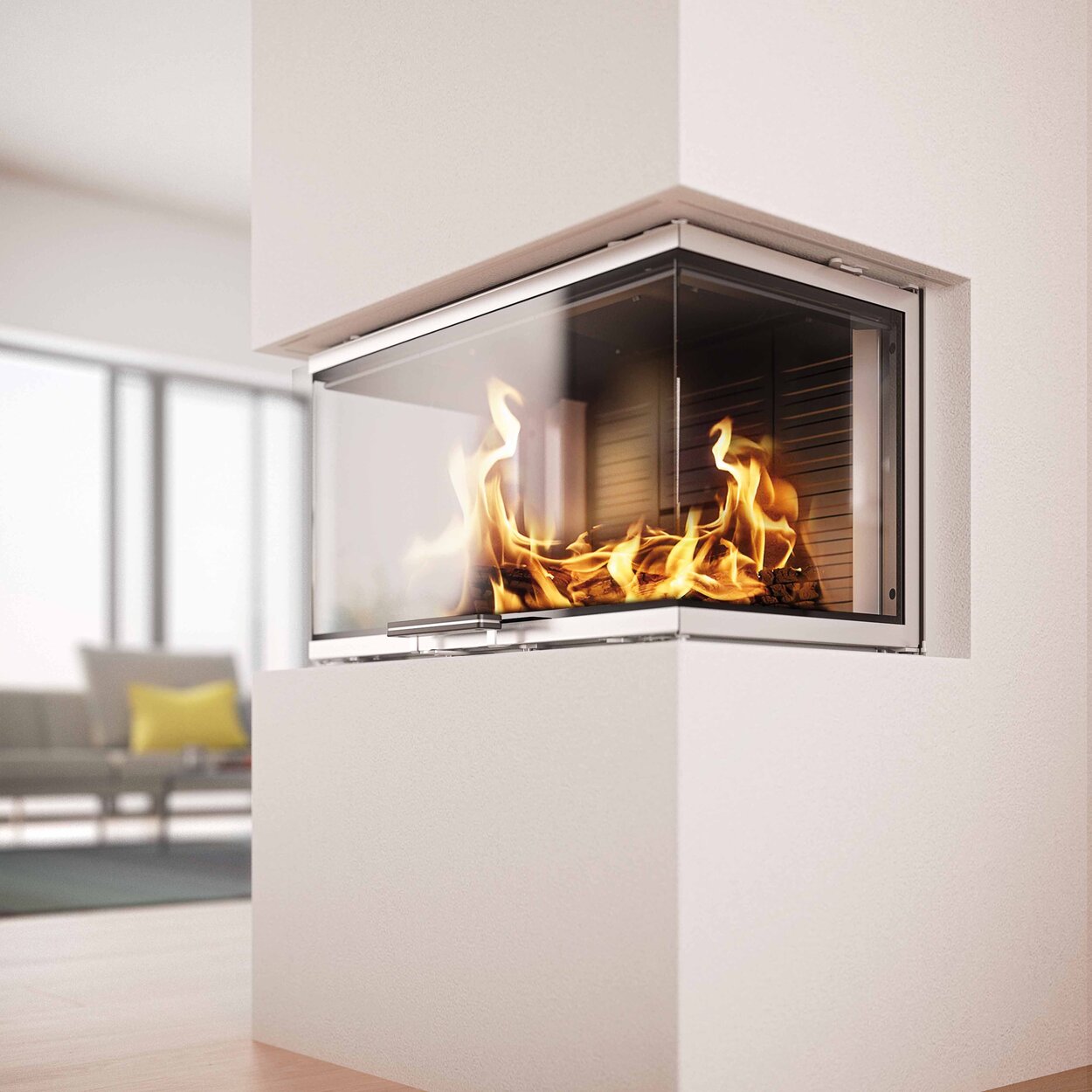 Wood fireplace VISIO 3 with elegant stainless steel frame