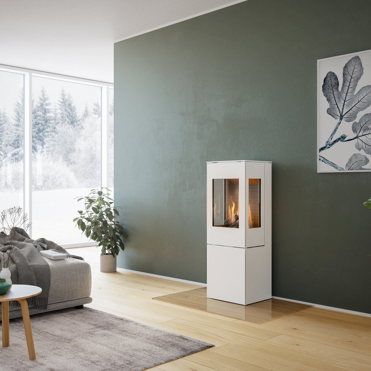 Gas stove NEXO 120 in white with steel door and two side windows in front of green wall in decorative living room