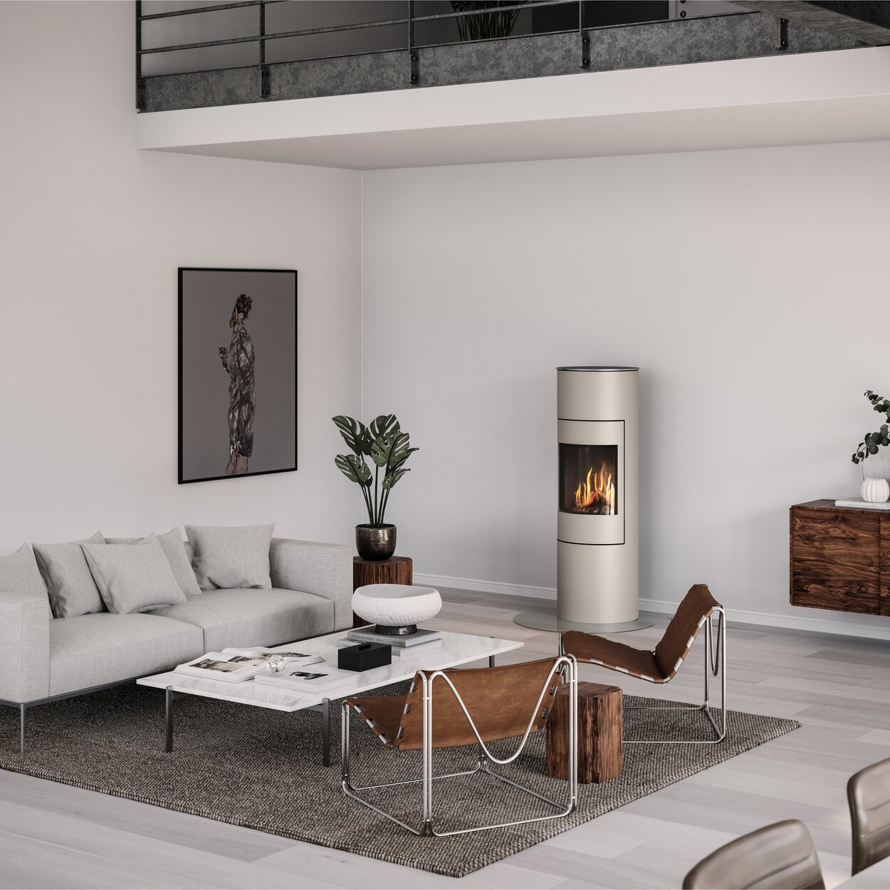 Gas stove VIVA 140 L in nickel with steel door in a stylish living room with grey-brown accents