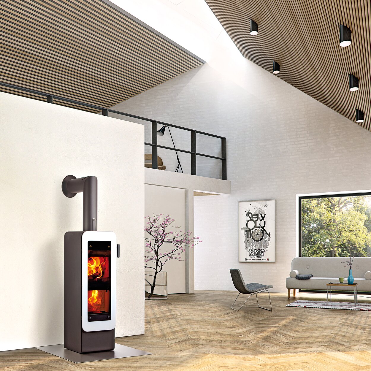 Poêle à bois bionic fire EVO de couleur noire avec porte de foyer plein verre blanc dans un loft moderne