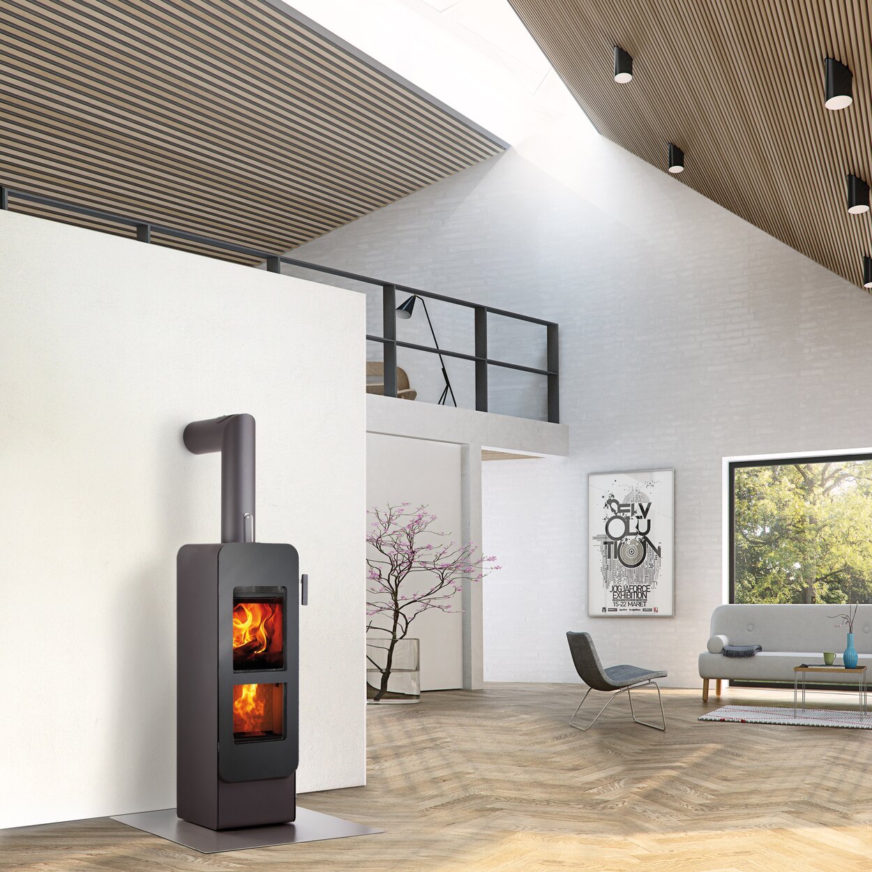 Wood stove bionic fire EVO in the colour black with steel door in a modern loft design