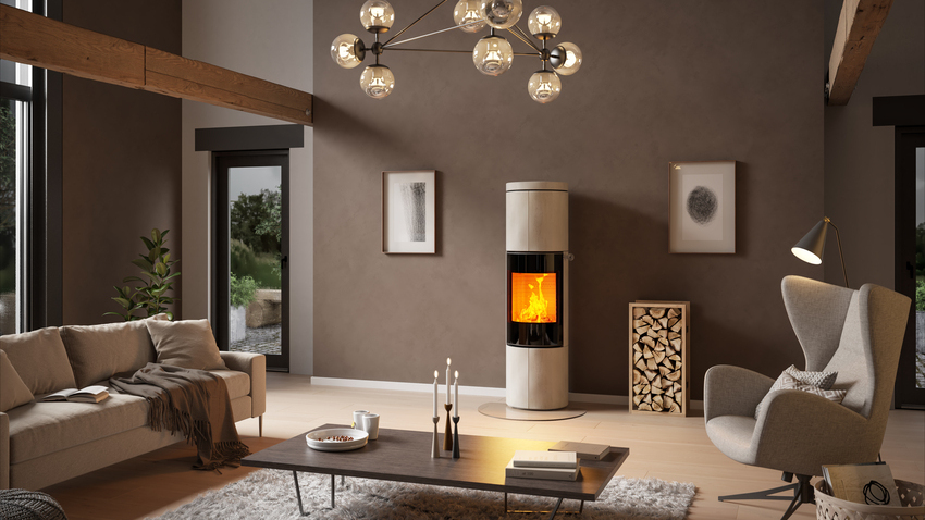 Wood stove JUNO 166 L with natural stone "Porto" cladding and glass door in a large living room in earthy colours