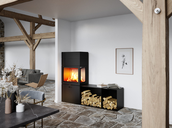 Wood stove MAX 600/150 in black with one side window and two side benches as a corner model in the dining room