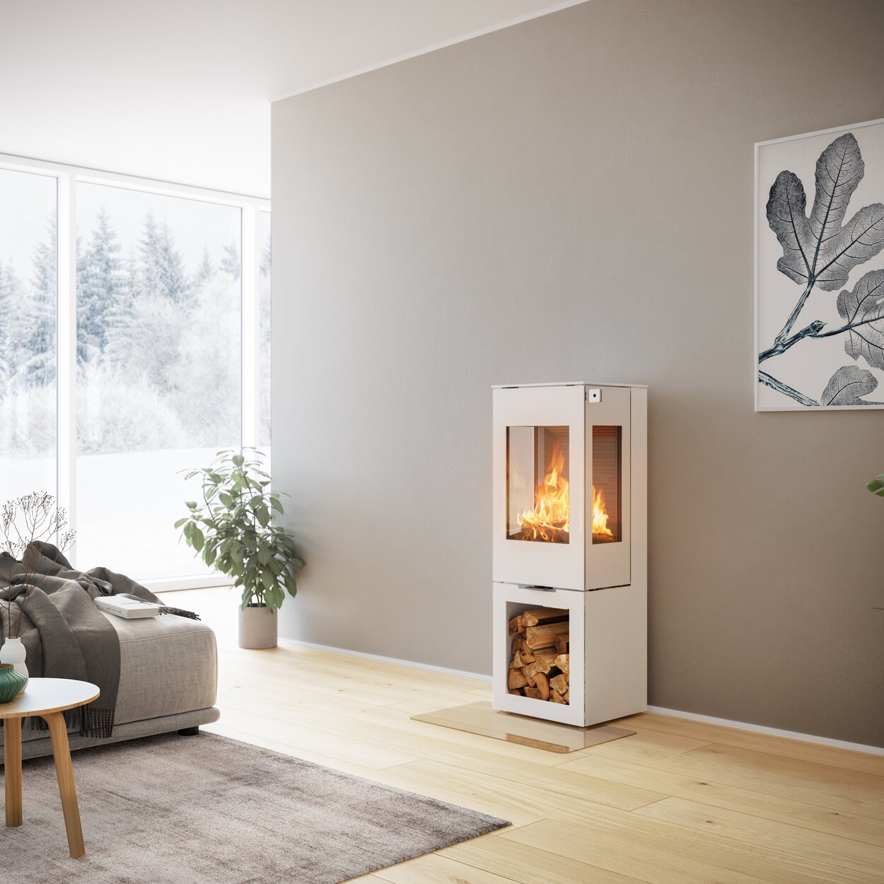 Wood stove NEXO 120 in white with steel door and two side windows with wood storage module in a decorative living area