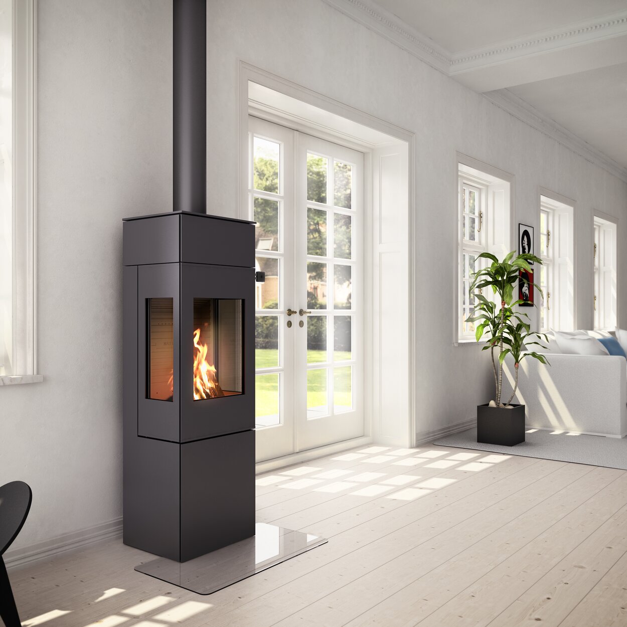 Wood stove NEXO 140 in black with steel door and two side windows in a bright living room area