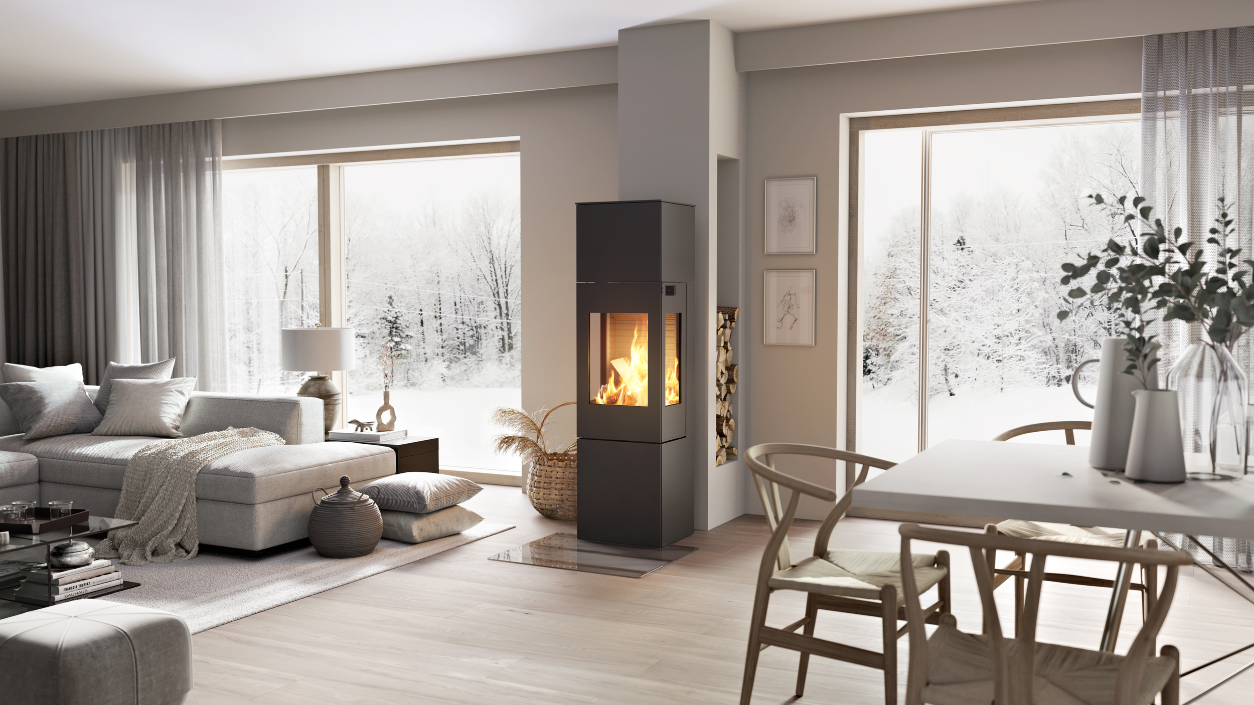 Wood stove NEXO 160 in black with steel door and side window in the centre of the living room between the dining area and living room