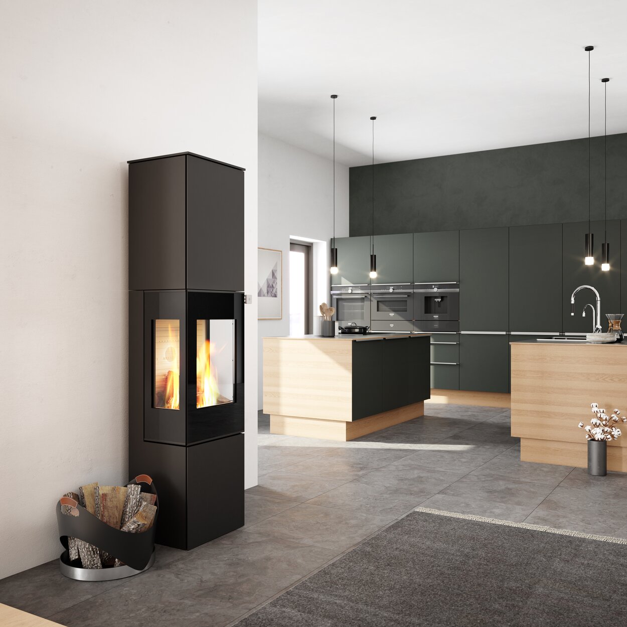 Wood stove NEXO 185 in black with glass door and two side windows in the centre of the kitchen and living room