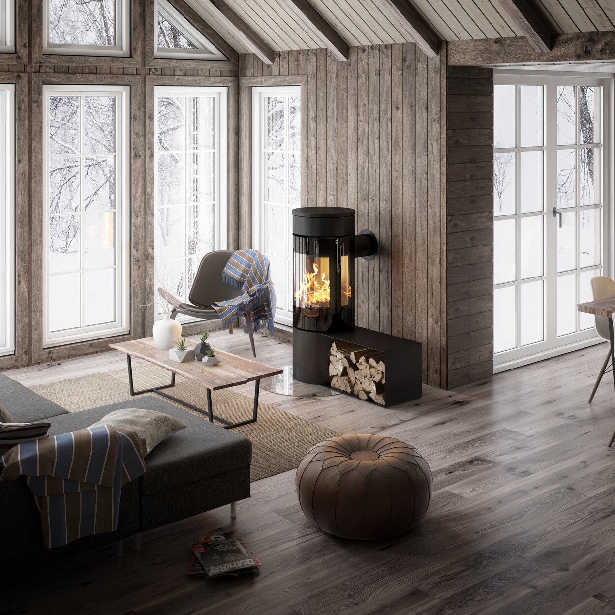 Wood stove VIVA 120 L in black with side bench in a modern wooden house in the forest