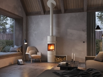 Wood stove VIVA 140 L in the colour sand with side bench in a modern flat in earth tones