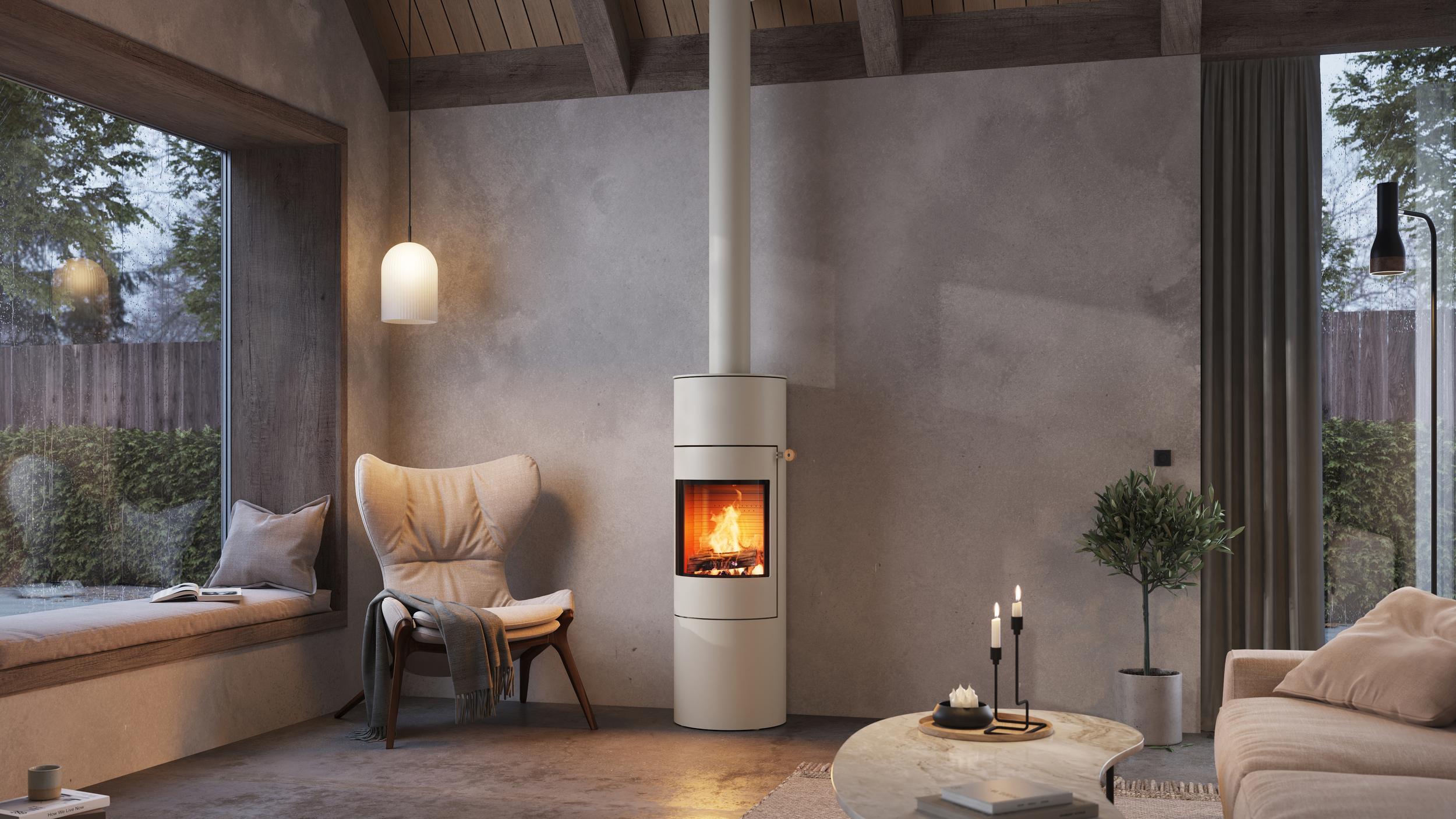 Wood stove VIVA 140 L in the colour sand with steel door in a modern flat in earth tones