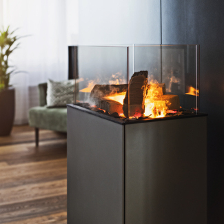 eSENSE Living est un meuble en acier avec un feu électrique intégré.