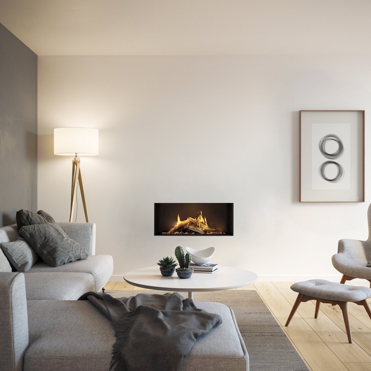 VISIO 100 gas fireplace insert with front glass in white wall and decorative living area
