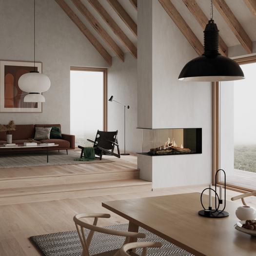 VISIO 100 Gas Raumteiler mit schwarzem Stahlrahmen Gas-Kamineinsatz VISIO 100 als Raumteiler mit schwarzem Stahlrahmen, zwischen Wohnzimmer und Esszimmer