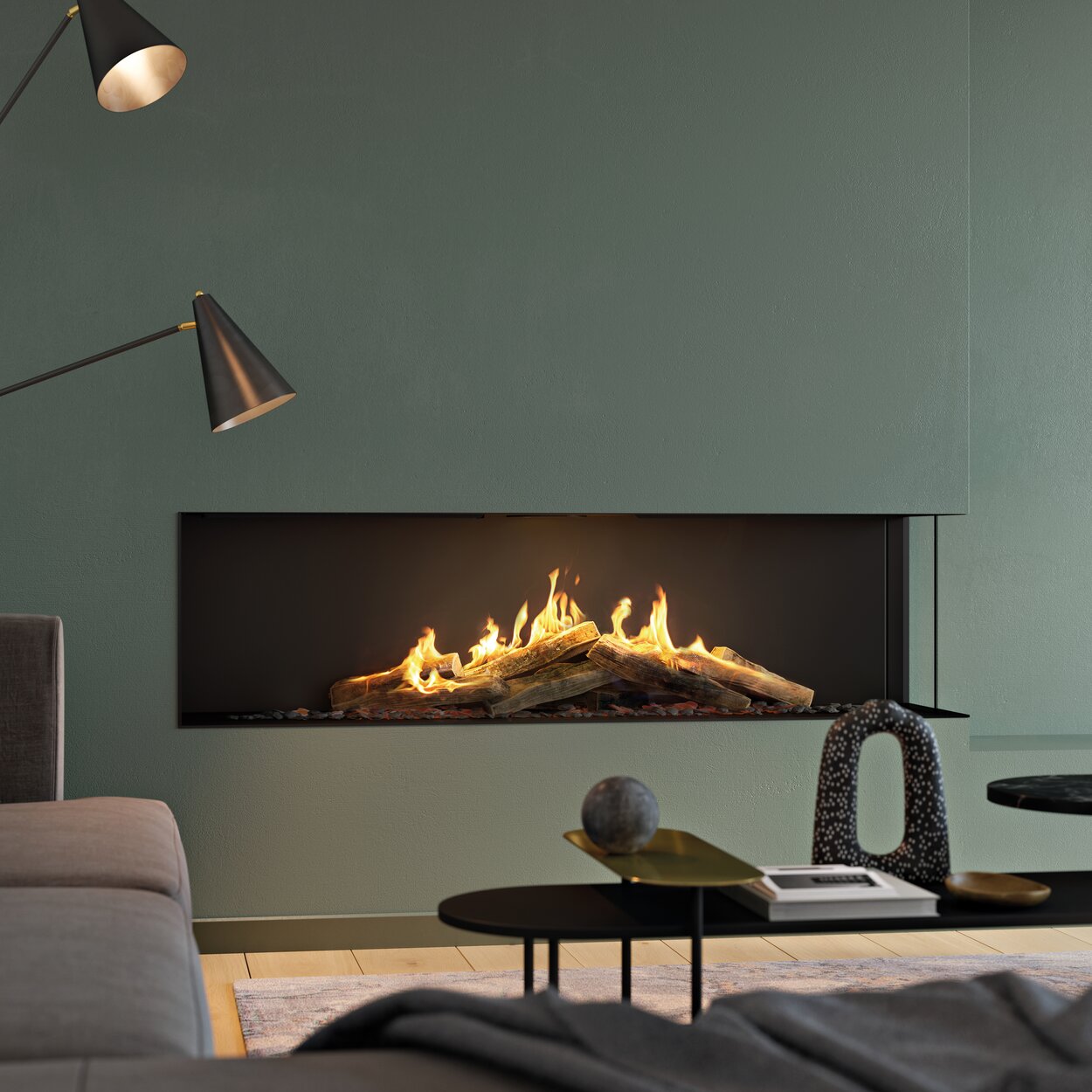 Ceramic logs characterize the VISIO 160 RC gas fireplace.
