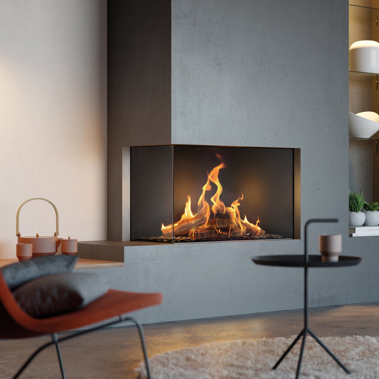 VISIO 90 LC gas fireplace as a corner fireplace on the left with authentic gas flames in front of minimalist armchairs in rust-red cover
