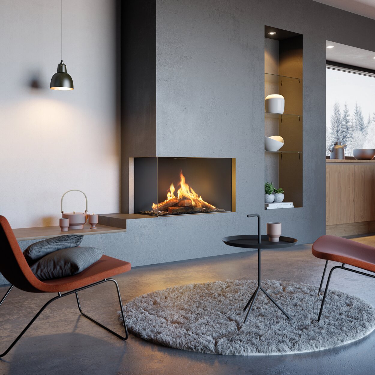 Gas-Kamin VISIO 90 LC ergänzt als Eckkamin links die Küche und bieten eine gemütliche Leseecke mit minimalistischen Sesseln in rostrotem Bezug