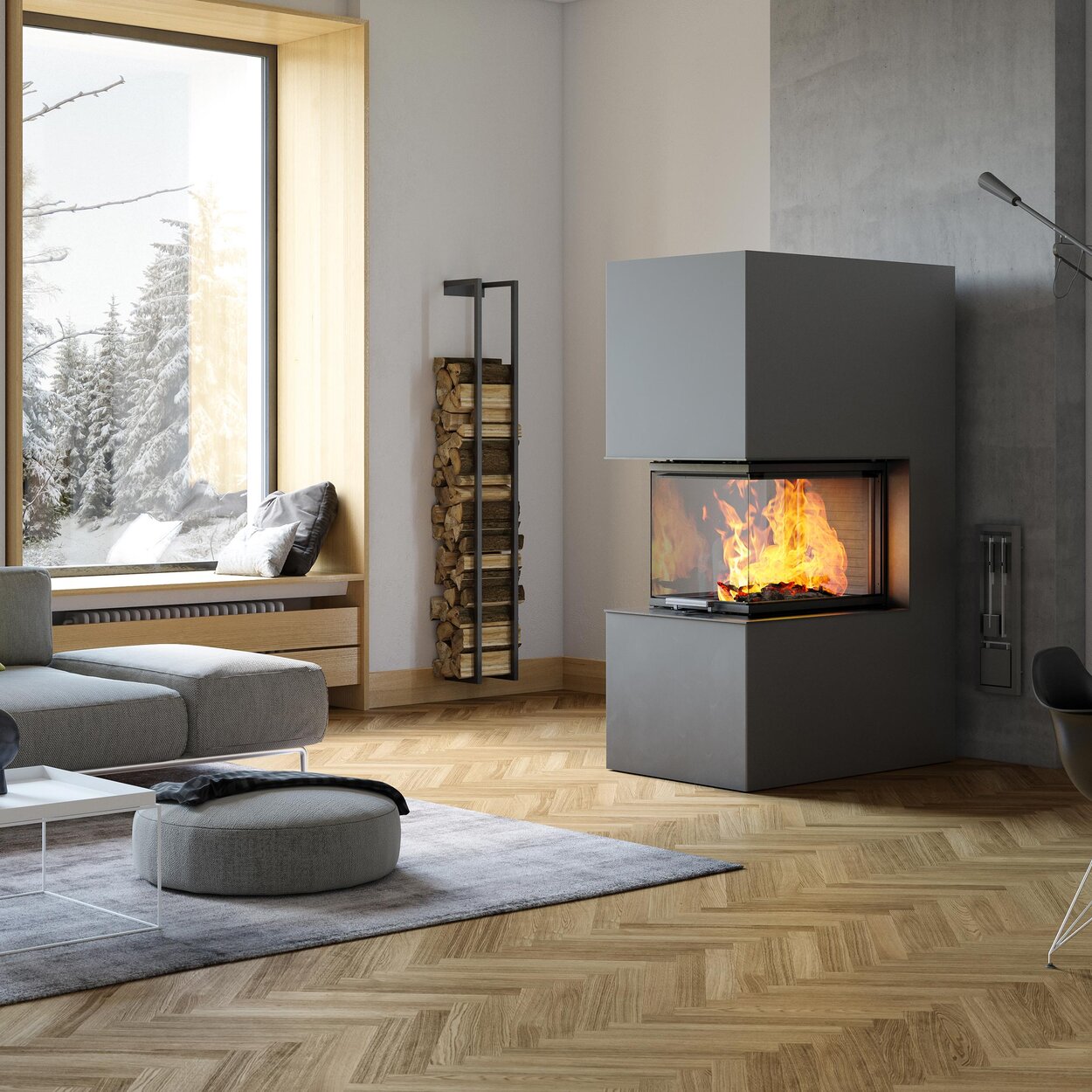 Wood fireplace VISIO 3:1 ST intelligently divides a room as a free-standing, pre-installed fireplace and presents the view of the flames on all sides