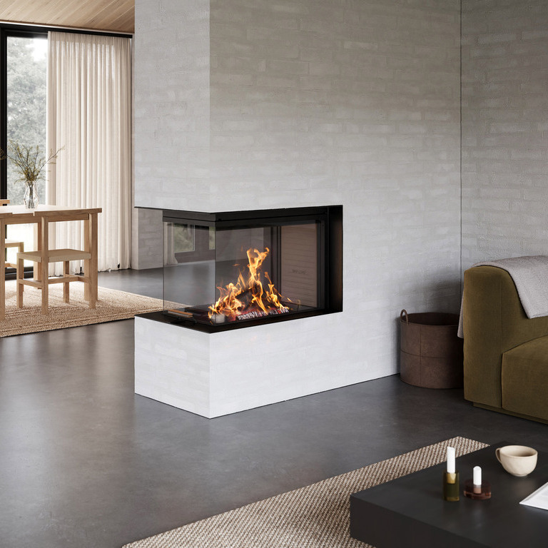 Wood fireplace VISIO 3:1 UNIQ as a room divider between the dining room and living room
