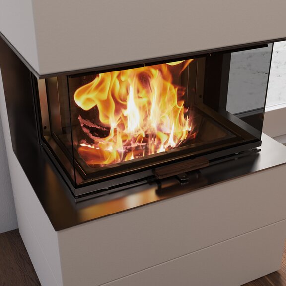 Holz-Kamin VISIO 3 ELEMENT mit schwarzem Scheibenrahmen und Einbaurahmen und hoher Flamme im Feuerraum