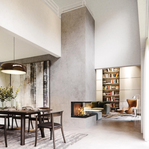 VISIO 3 L Holz-Kamin VISIO 3 L ist durch seinen grosszügigen Feuerraum und dreiseitigen Einblick auf die Flammen im Mittelpunkt des Raumes am richtigen Platz