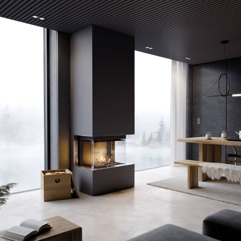 Holz-Kamin VISIO 3 UNIQ zeigt mit dreiseitigen Sichtscheiben mit unsichtbarem Rahmen direkt die Flammen und steht in modernem dunkelgrauen Wohnzimmer