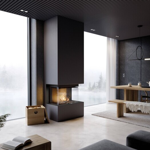 Wood fireplace VISIO 3 UNIQ with 3-sided glass panels and invisible frame shows the flames directly and stands in a modern dark grey living room