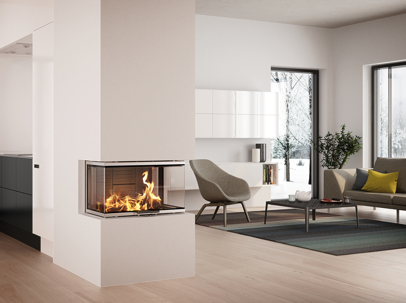 Wood fireplace insert VISIO 3 fits perfectly as a three-sided fireplace between the living room and kitchen