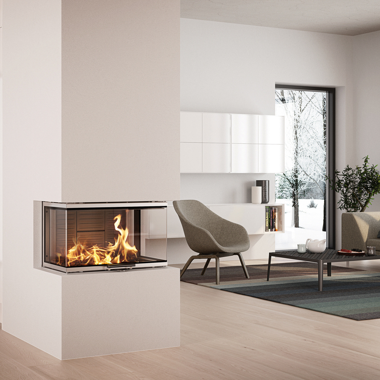 Holz-Kamineinsatz VISIO 3 passt als dreiseitiger Kamin perfekt zwischen Wohnraum und Küche