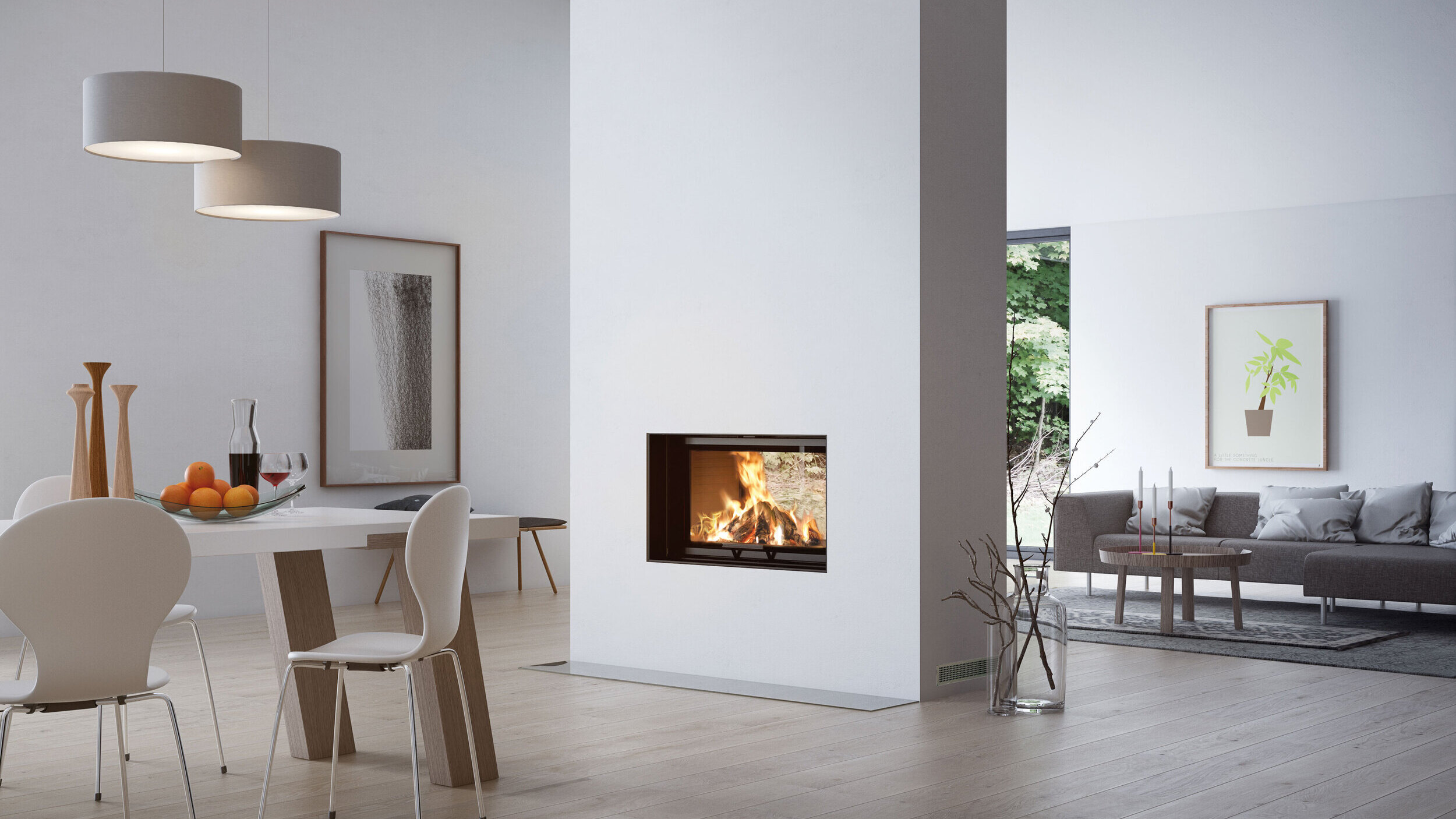 Wood fireplace VISIO TUNNEL stands in the centre of the brightly furnished room yet still allows a view from the living room to the dining room