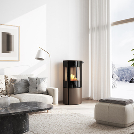Bioethanol Kaminofen CARO 110 BIO in der Farbe Mokka im winterlichen Wohnzimmer