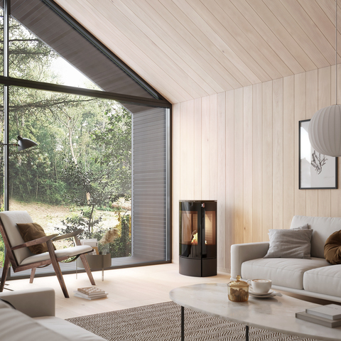 Poêle à bioéthanol CARO 90 BIO noir dans un salon lumineux avec beaucoup de bois
