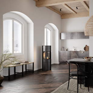 Poêle au bioéthanol VIVA 120 L BIO de couleur noire dans le salon avec cuisine