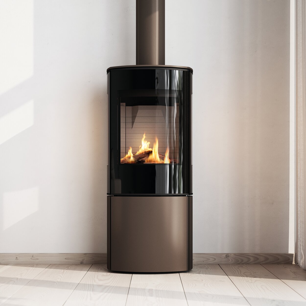 Gas stove CARO 110 in mocha with glass door and flue tube in stove colour