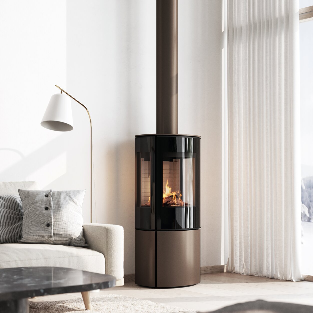 Gas stove CARO 110 in mocha with glass door and side window in a cosy living room