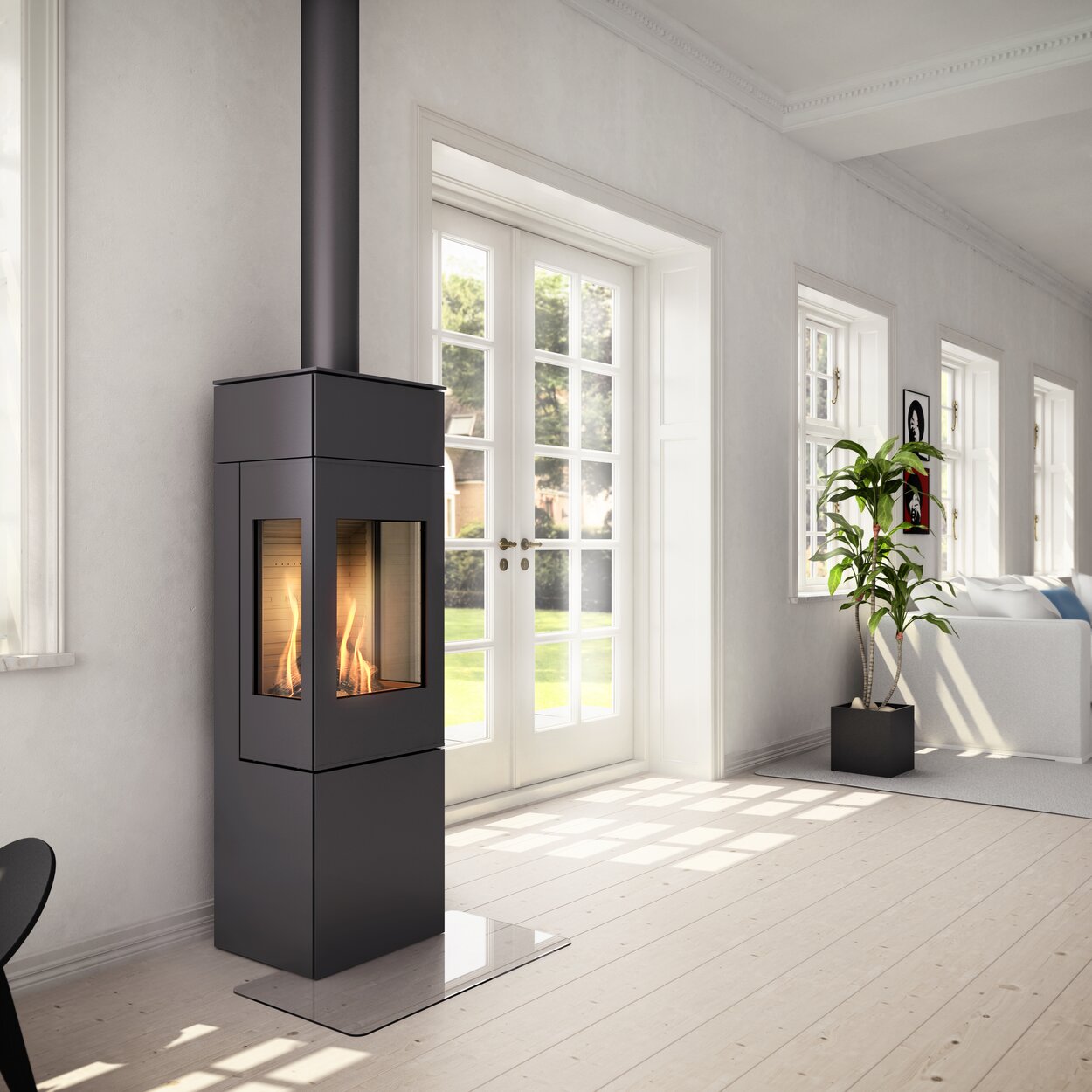 Gas stove NEXO 140 in black with steel door and two side windows in a bright living room