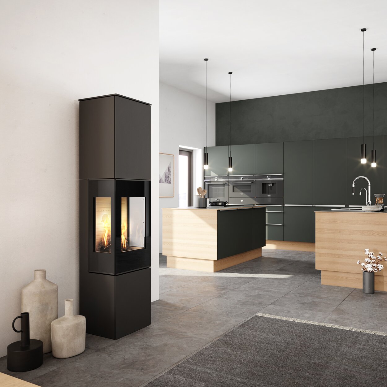 Gas stove NEXO 185 in black with glass door and two side windows in the centre of the kitchen and living room