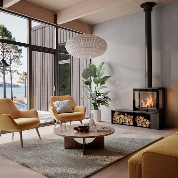 Wood stove 600 ART in a modern living room with yellow furniture and large windows